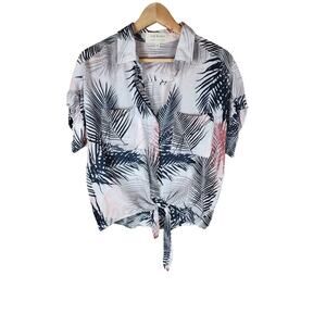 CLOTH & STONE ANTHROPOLOGIE Gray Pink Tropical Short Sleeve Tie Top SZ S